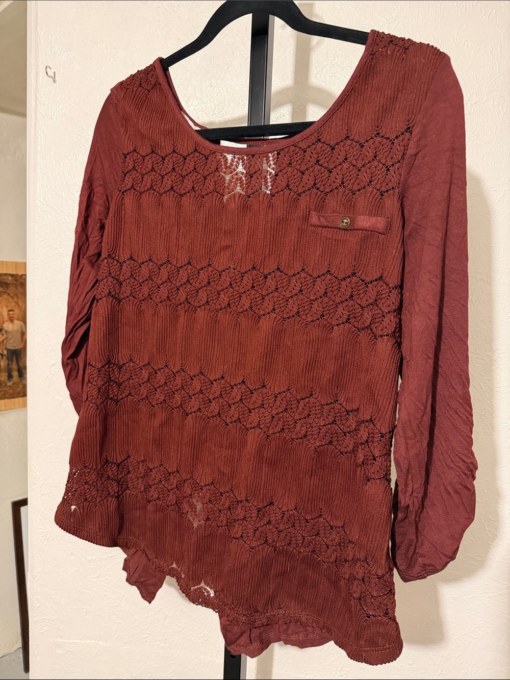 Maurices Women's Long Sleeve Crochet Panel Tee in Brick